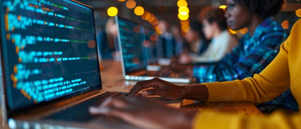 Aufkleber close-up of woman's hands typing code on laptop in a busy office setting with bokeh lights.