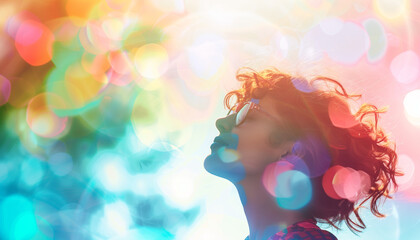 Young woman with curly red hair and glasses looking upwards amid vibrant, colorful bokeh lights, evoking a dreamy and whimsical mood.