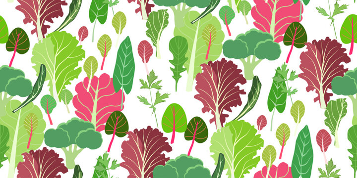 Mix of salad leaves. Cartoon set of green red raw leaves seamless pattern. Arugula, spinach, lettuce leaf, watercress. Organic vitamin ingredients for cooking healthy food. Vector illustration