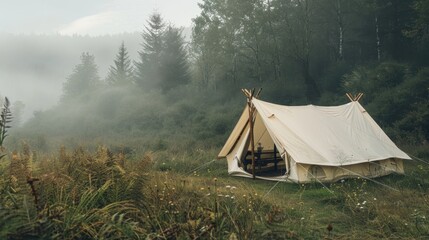 1. Tent, realistic style, earth tones, nature-inspired pattern, wide shot, natural light, fog,