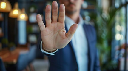Closeup of the hand of a business man showing stop, saying no or not accepting a deal in an office at work. Male corporate worker making hand gesture not agreeing to a statement or refusing an.	