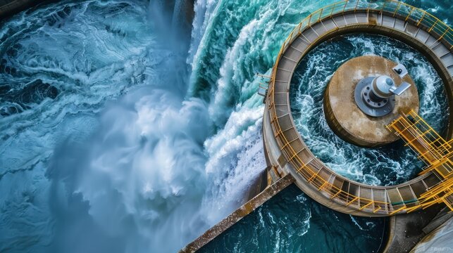 Hydropower turbine in operation, generating electricity