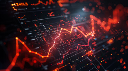 On a dark digital screen there is a red chart showing the rise and fall of the stock market. Bright graph on a dark background. Business, investment concept.