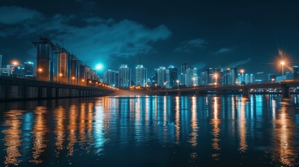 Fototapeta premium Hydropower energy powering a city at night