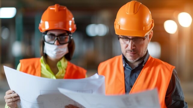 construction workers reviewing building plans in safety gear and face mask - focused on blueprint in construction site with blurry background
