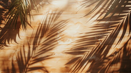 Top view of brown wooden texture table with palm leaves and shadow of palm leaves. Summer table background with empty space for text or design.	