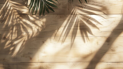 Top view of brown wooden texture table with palm leaves and shadow of palm leaves. Summer table background with empty space for text or design.	