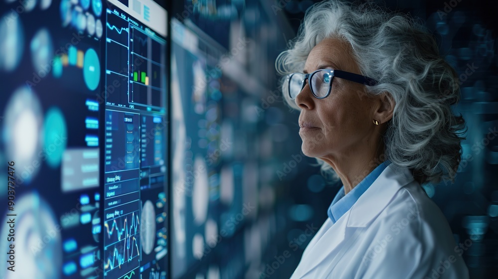 Aufkleber a woman in a white lab coat and glasses is looking at a computer monitor displaying a lot of informa