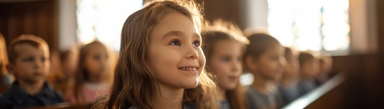 Realistic view of children learning about the Bible in a Sunday school class high-definition clarity