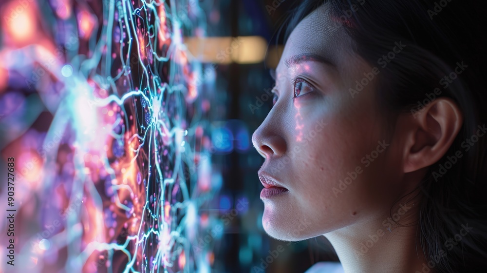 Aufkleber a woman is looking at a computer screen with a colorful network of neurons. the image is abstract an