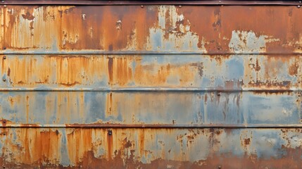 Rusty orange blue grunge metal texture on steel wall with ample copy space for design elements