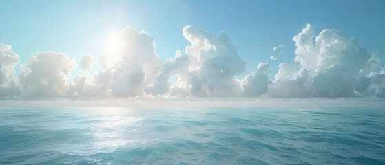 Naklejka premium A clear blue sky with a few clouds and a large body of water. The sky is bright and sunny, and the water is calm and peaceful. Concept of tranquility and serenity