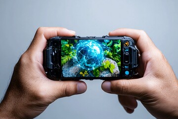 16. A hand holding a smartphone with a holographic projection of a connected globe, set against a white background