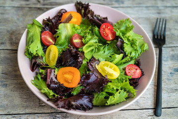 Mix of fresh green salad with red and yellow cherry tomatoes 