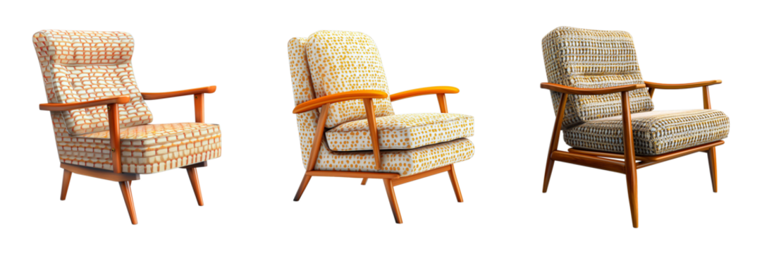 Fabric chair with wooden legs, retro style, colorful vintage pattern on transparent background
