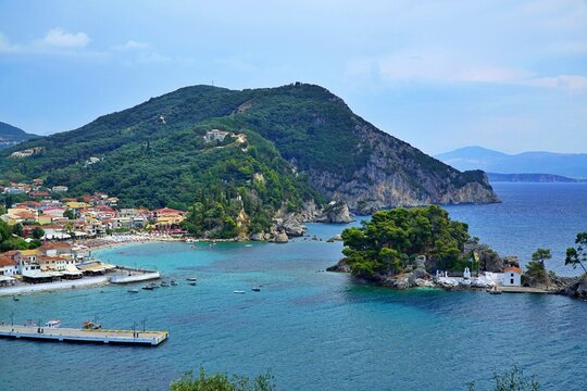 View of Parga town and Valtos beach in Greece.