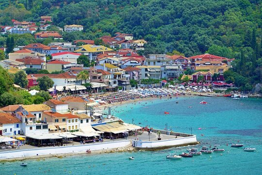 View of Parga town and Valtos beach in Greece.