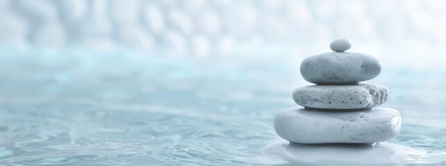 A stack of three white rocks on top of a body of water. Concept of tranquility and peace