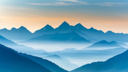 Fototapeta premium serene mountain landscape with misty peaks and soft light at dawn or sunset, blue hour, tranquil natural scene, background, wallpaper