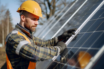 Worker in uniform and safety helmet with solar panels. Man portrait repairing solar power plant