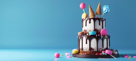 Beautiful Two-Tiered Cake with Dripping Chocolate on Blue Background