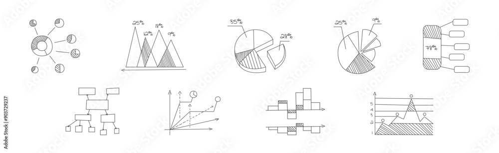 Poster graph and chart line drawing as infographic element vector set