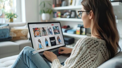 Woman sitting on the couch while shopping online on a laptop in a cozy living room.