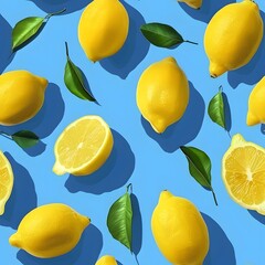 Fresh Lemons Pattern with Green Leaves on Blue Background