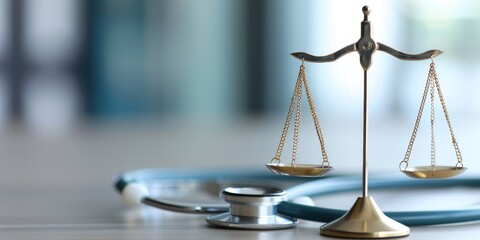 scales of justice and stethoscope on wooden table, medical ethics and law concept, healthcare and legal symbolism.