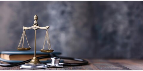 golden scales of justice with stethoscope and law book on wooden table against gray background - legal healthcare concept