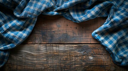 Blue checkered tablecloth on old rustic wooden table creating a background with copy space