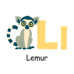 Cute animal alphabet for ABC book. L letter for the Lemur. Vector illustration