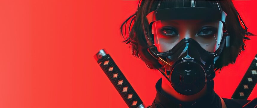 Minimalist cyberpunk red background of a girl with short hair wearing a black gas mask and holding two large matte-black katanas. There is space for text on the left side. Cyberpunk aesthetic.