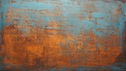 Rusty orange blue grunge metal texture with negative space for copywriting on steel wall