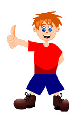 A cartoon boy in a red shirt with a smile and a thumb up. Isolated on a white background.