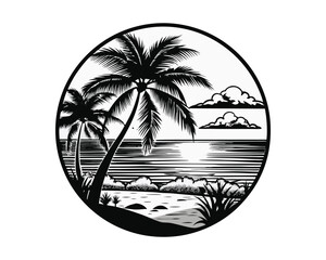 silhouette beach logo, black white, circle, isolated on white background ai generated