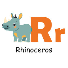 Cute animal alphabet for ABC book. R letter for the Rhinoceros. Vector illustration