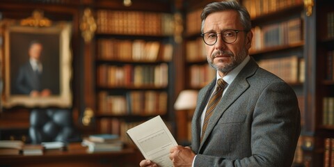 A confident lawyer in a suit, holding a book, stands in an elegant library filled with bookshelves.