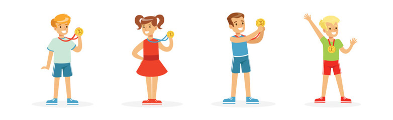 Happy Boy and Girl Winner with Golden Medal Award Vector Set