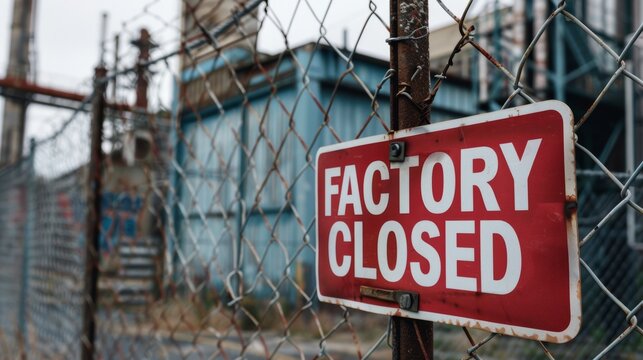 Ridlock factory closed sign on fence at industrial plant.