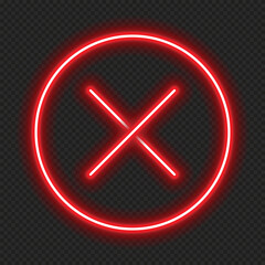 Cross mark in neon style. Red cross mark. Retro sign with glowing neon. Vector illustration