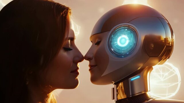 Woman and robot in intimate embrace, human-AI relationship for future technology concept