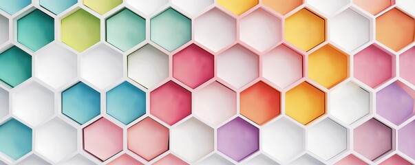 Hexagon network, three-dimensional effect, vivid colors, Watercolor style