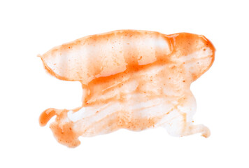 Tasty ketchup isolated on white, top view. Tomato sauce