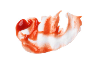 Tasty ketchup isolated on white, top view. Tomato sauce