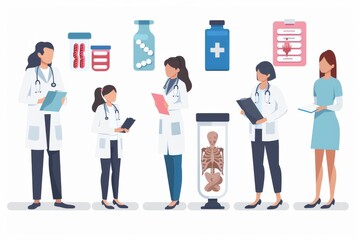 Diverse medical team consulting with patients healthcare professionals discussing diagnosis vector illustration medical environment light blue background