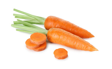 Whole and cut fresh carrots isolated on white