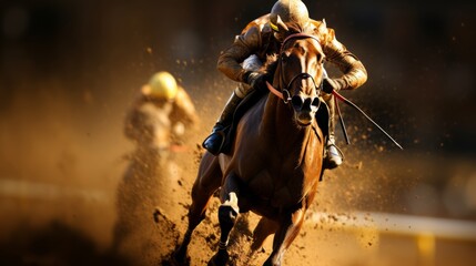 Equestrian rider on galloping horse with blurred backdrop for dynamic motion effect