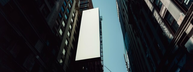 A tall white billboard stands upright on the side of a building. mock up