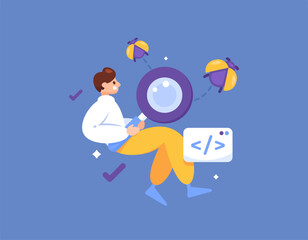 software testing concept. bug analysis in a program or system. technological weaknesses. illustration of a bug hunter looking for vulnerabilities and bugs in an application. flat style design. graphic